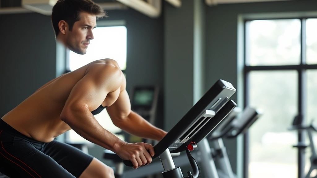 Fit person performing intense cardio on stationary bike in gym during afternoon, focused expression, sweat visible, bright natural window light in background