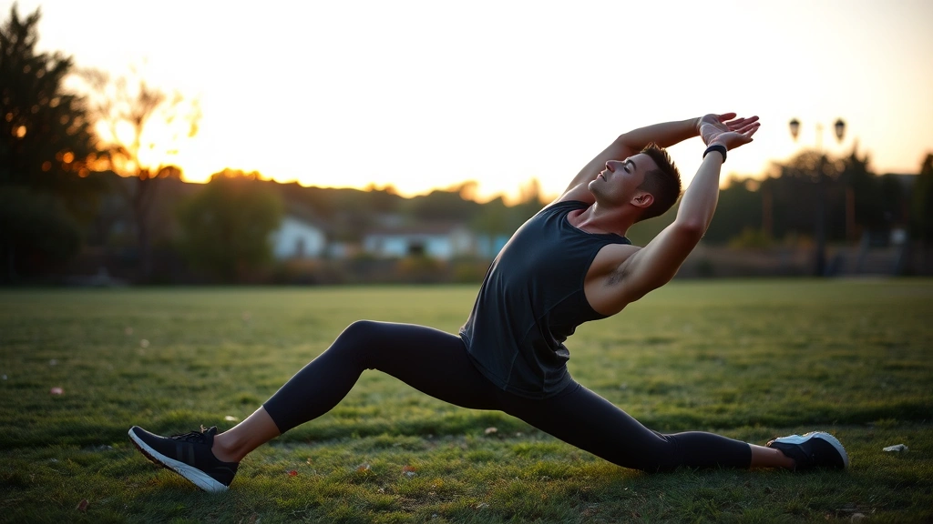 Athlete stretching after evening cardio session outdoors, sunset background, calm recovery pose, peaceful expression, no equipment labels or text