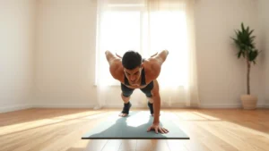 Person performing push-up variations in bright home workout space with natural sunlight, wooden flooring, motivational minimalist background, athletic wear, proper form demonstration, energetic posture