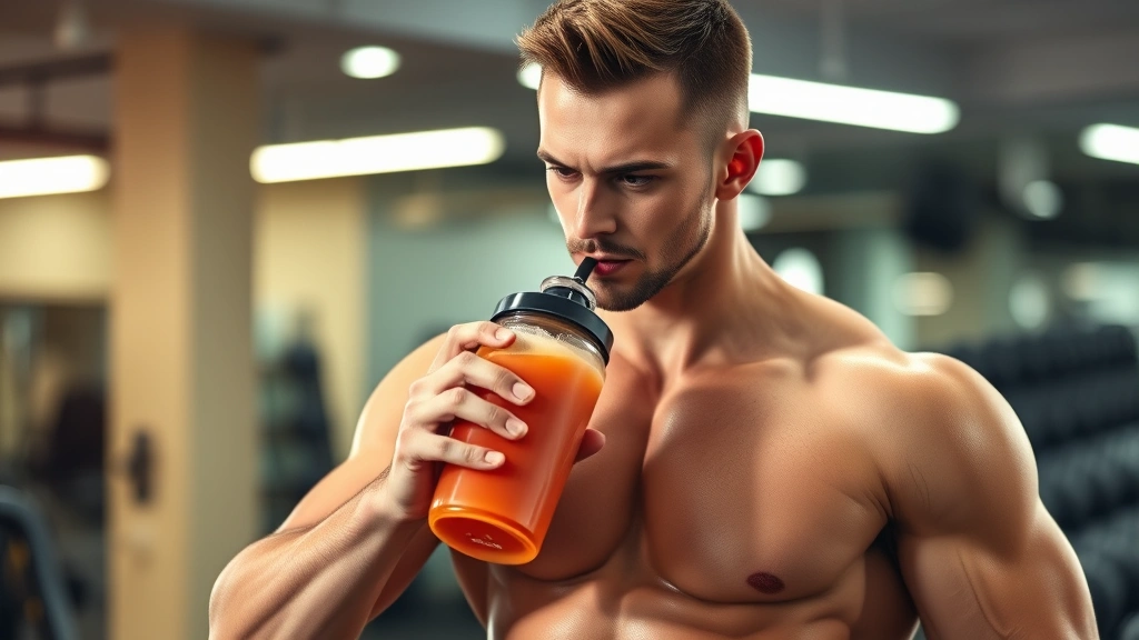 Muscular athlete drinking protein shake after intense gym workout, sweat visible, modern gym background, holding shaker bottle