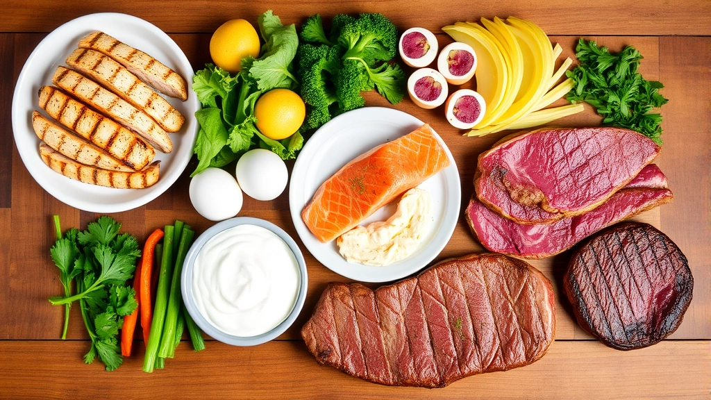 Variety of high-protein foods arranged on wooden table: grilled chicken breast, salmon fillet, eggs, Greek yogurt, cottage cheese, beef steak