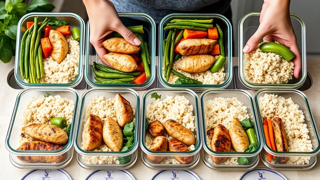 Fit person meal prepping containers with grilled chicken, rice, and vegetables for the week, organized nutrition planning