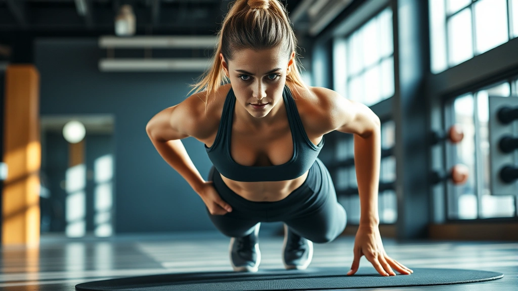Athletic woman performing intense burpee exercise in bright modern gym, sweat visible, focused determined expression, professional fitness photography, dynamic movement captured mid-action