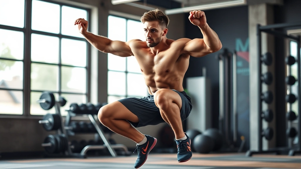 Fit male athlete executing explosive jump squat with perfect form, athletic wear, gym setting with natural lighting, powerful dynamic movement showing muscle engagement and intensity