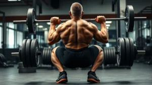 Athletic male powerlifter performing barbell back squat with proper form, deep squat position, knees tracking over toes, upright torso, gym setting with weight plates loaded on barbell