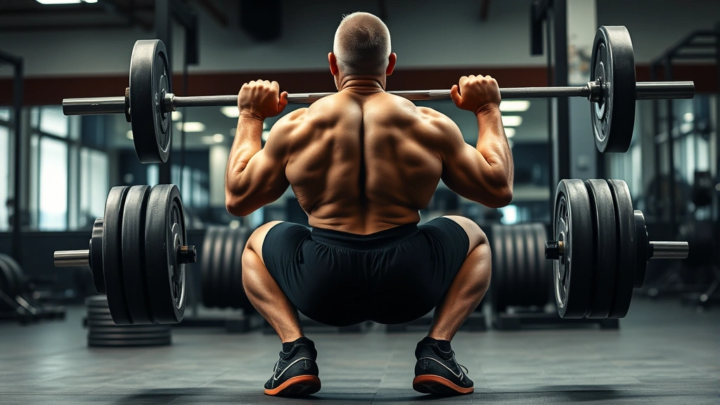 Athletic male powerlifter performing barbell back squat with proper form, deep squat position, knees tracking over toes, upright torso, gym setting with weight plates loaded on barbell