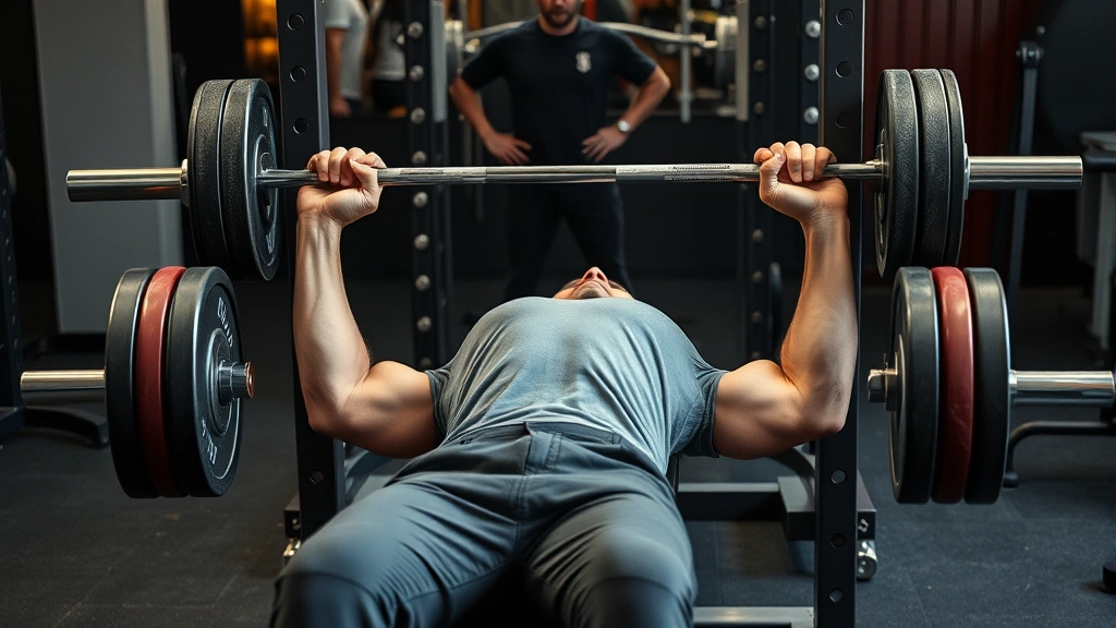 Experienced male strength coach demonstrating perfect bench press technique on flat barbell bench, chest engaged, shoulders retracted, pressing barbell explosively upward with controlled descent