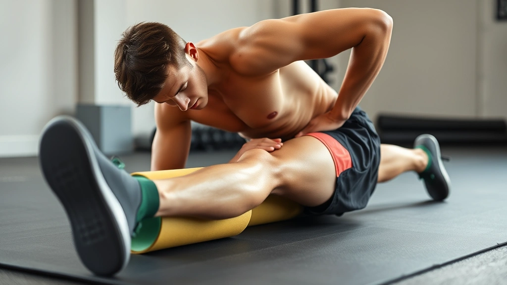Fit male athlete using foam roller on quadriceps muscles during recovery session, showing controlled myofascial release technique with proper body positioning, athletic recovery environment