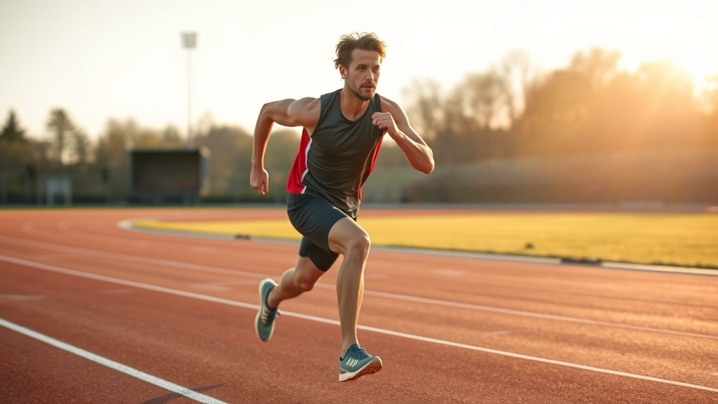 Athlete performing high-intensity interval training on outdoor track, sprinting at maximum effort with intense focus and powerful stride, morning sunlight, professional athletic form, dynamic motion captured mid-sprint