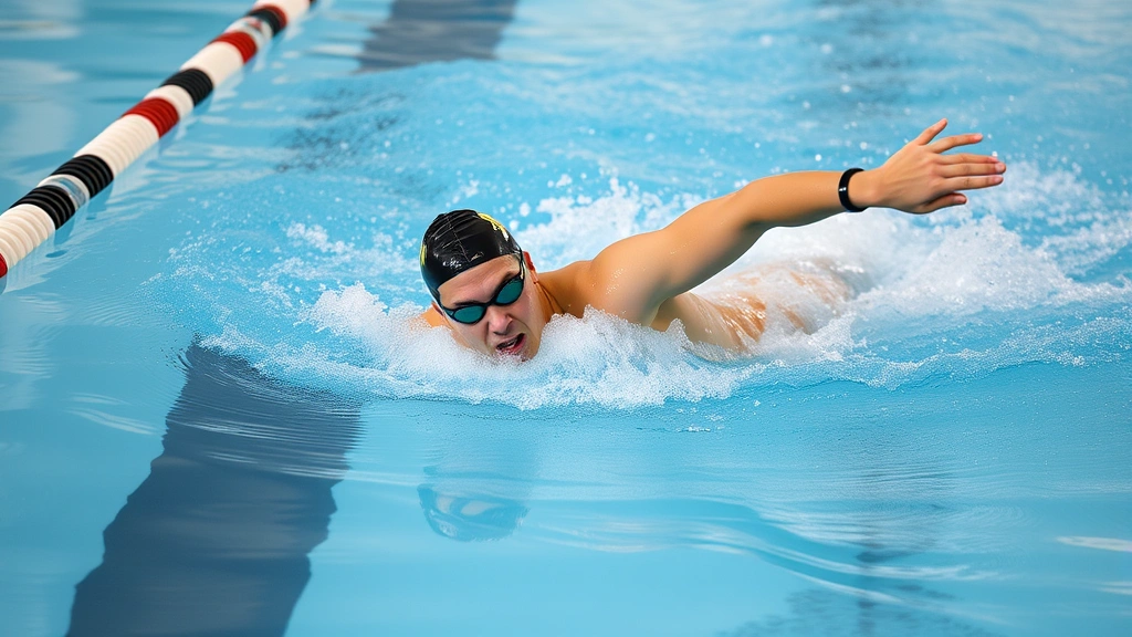 Swimmer doing freestyle stroke in lap pool, mid-stroke with water spray, athletic technique, lane dividers visible, professional form, focused expression, powerful arm extension, competitive swimming intensity