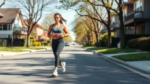 Athletic woman power walking on sunny suburban street wearing athletic clothes and sneakers, focused expression, natural lighting, morning or afternoon setting
