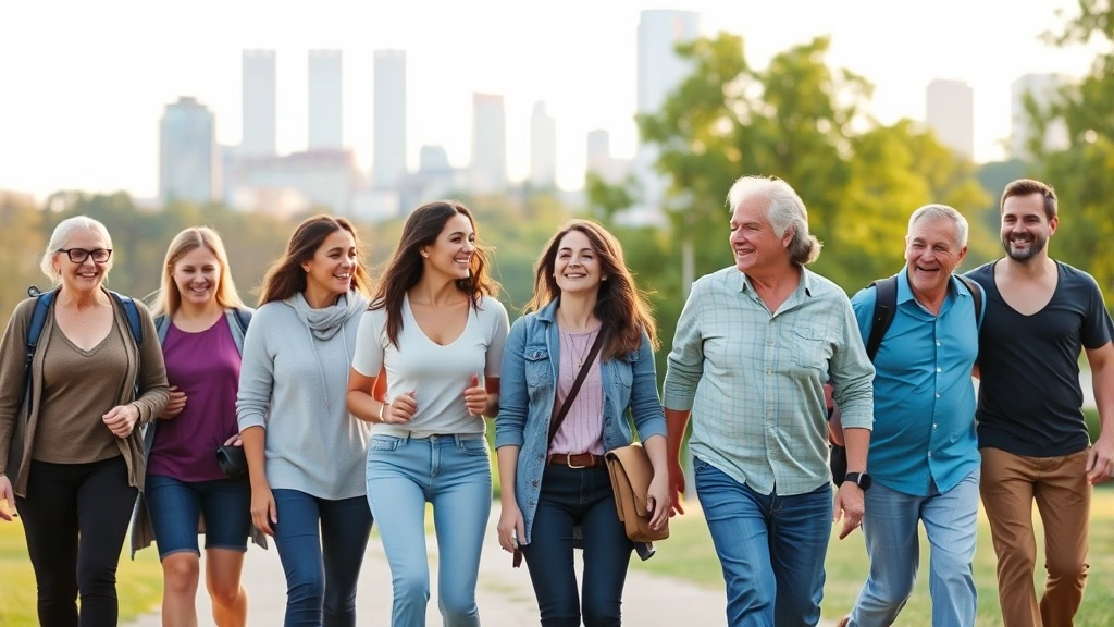 Diverse group of people walking together in urban park, various ages and body types, smiling and engaged, morning light, city skyline background