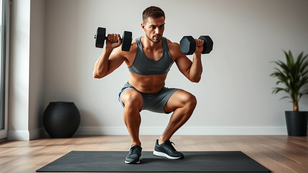 Fit man executing perfect goblet squat with dumbbell, knees tracking over toes, chest upright, concentrated focus in modern minimalist home workout space