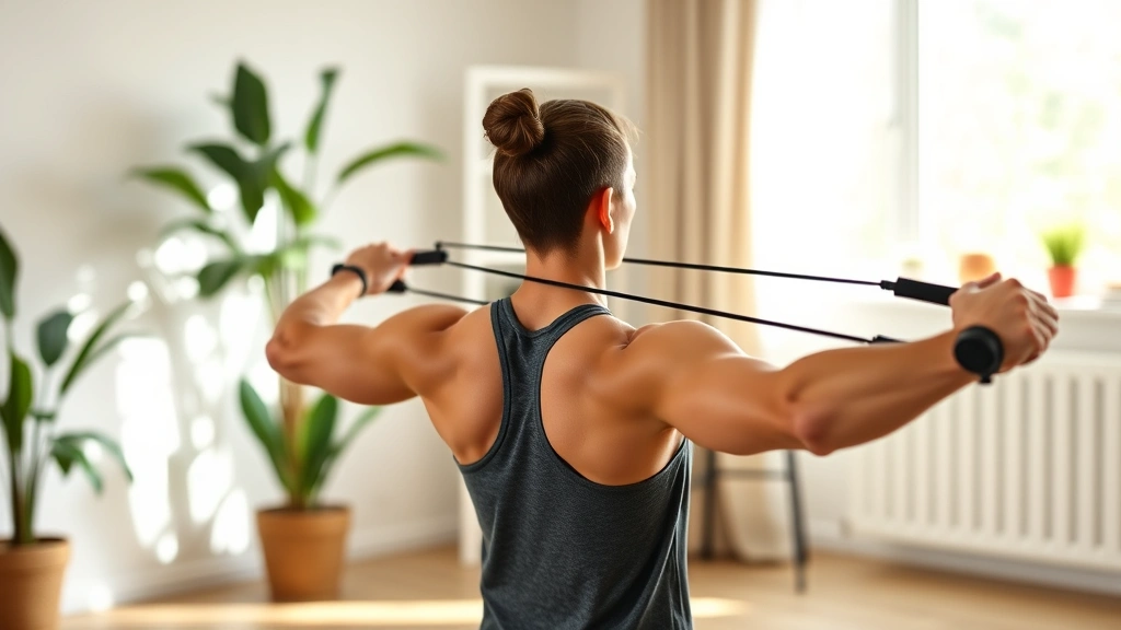Strong beginner athlete doing resistance band rows with excellent posture, back engaged, muscles working, natural home environment with bright natural lighting