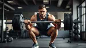 Athletic male football player performing barbell squat in modern gym with intense focus, muscular legs engaged, proper form demonstrated, natural lighting