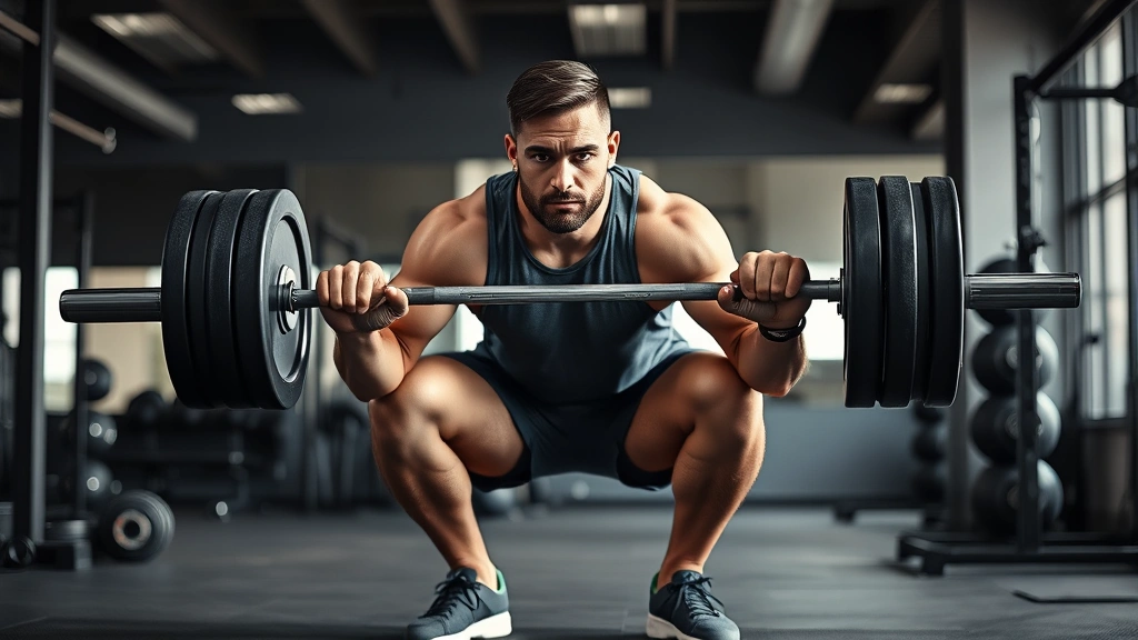 Athletic male football player performing barbell squat in modern gym with intense focus, muscular legs engaged, proper form demonstrated, natural lighting