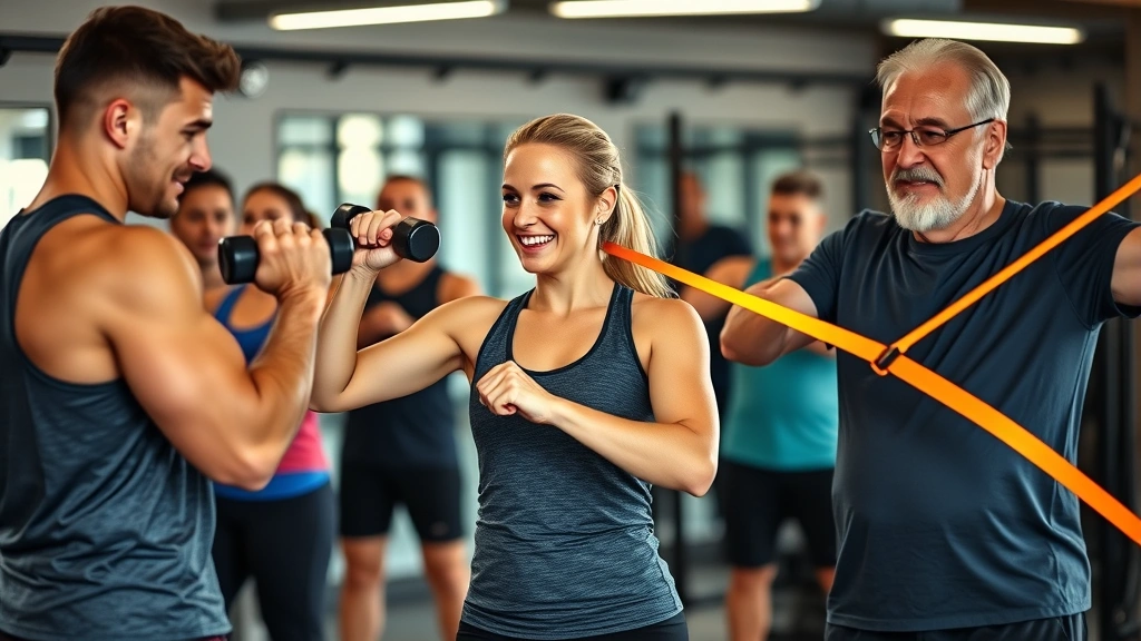 Diverse group of people strength training together: young athlete, middle-aged woman lifting dumbbells, older adult doing resistance band work, motivational gym environment