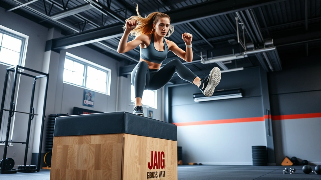 Female athlete performing explosive plyometric box jump in professional training facility, powerful leg drive, athletic intensity, modern equipment visible
