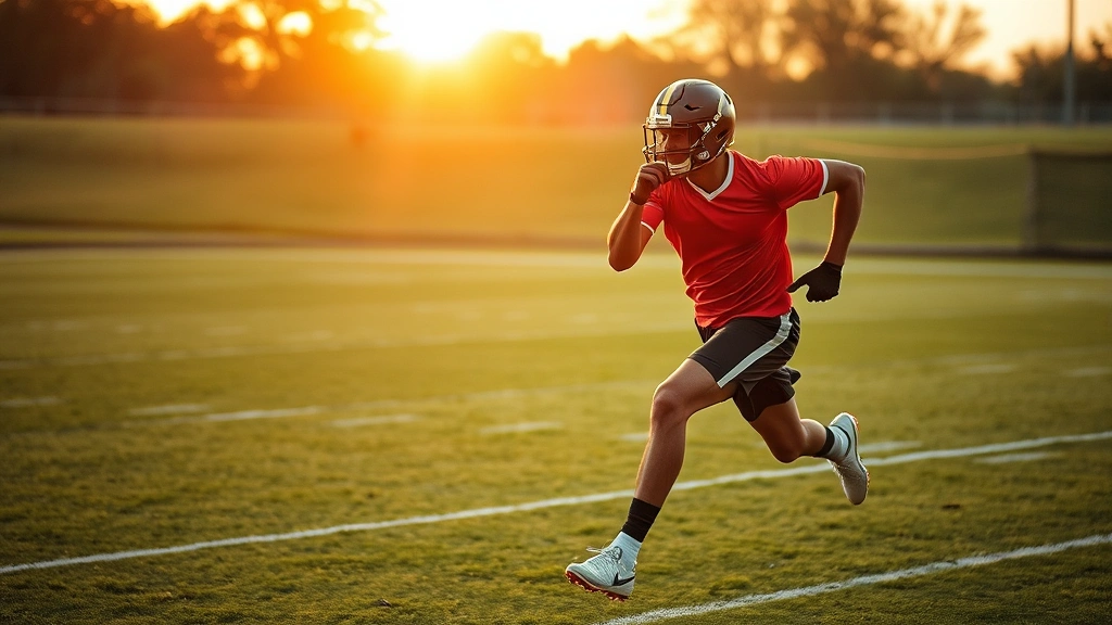 Athletic football player in mid-sprint on a grass field during training, showing explosive power and determination, sunset lighting, professional sports photography