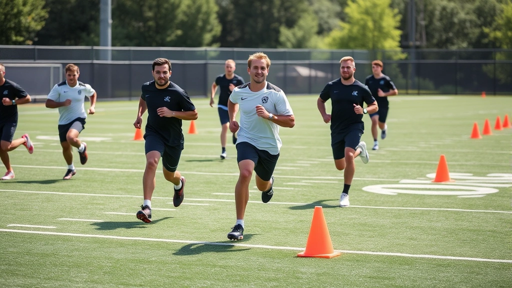 Diverse group of football players performing shuttle run drills on a practice field with cones, showing multi-directional movement and conditioning focus, bright daylight