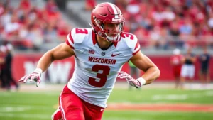 Athletic male football player in Wisconsin Badgers uniform executing perfect running form during practice, muscular physique, focused expression, stadium background
