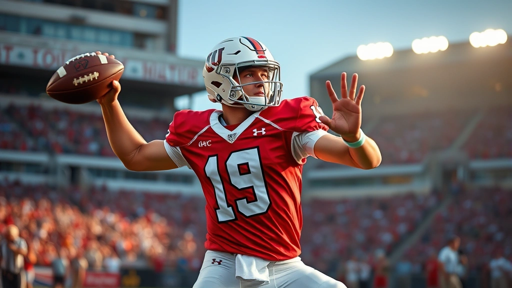 Professional athletic quarterback in college uniform mid-throw motion, perfect form mechanics, athletic stadium lighting, dynamic action capture