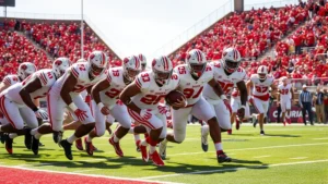 Wisconsin Badgers football team offensive linemen executing power run play, players pushing forward with determination, stadium crowd visible in background, midday sunlight