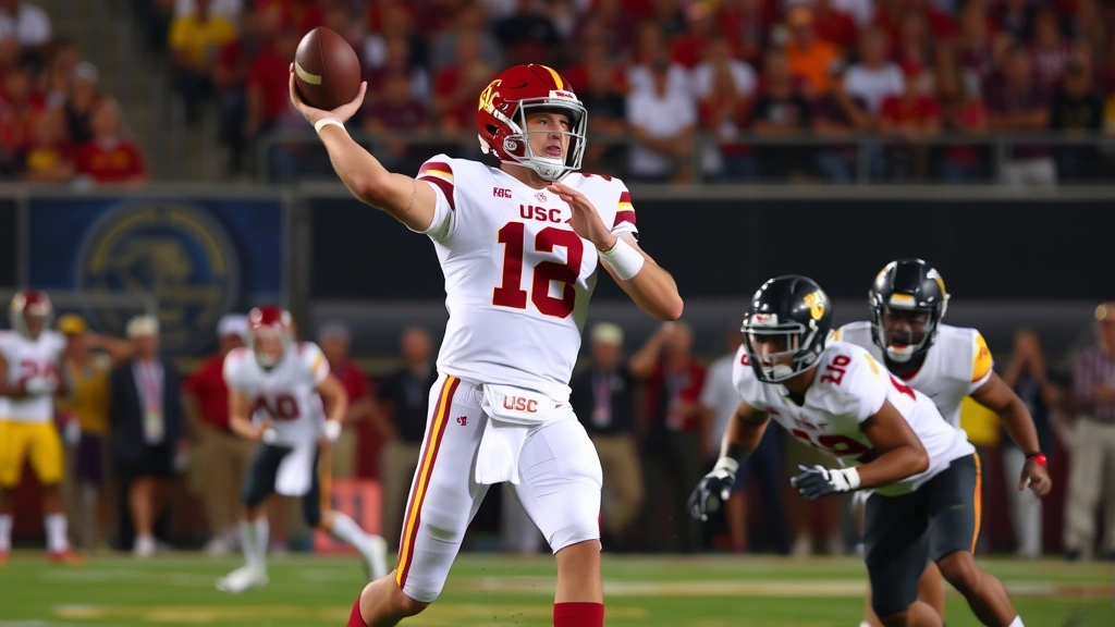 USC Trojans quarterback throwing deep pass downfield, receiver running route, defensive back attempting coverage, action-packed moment captured mid-play