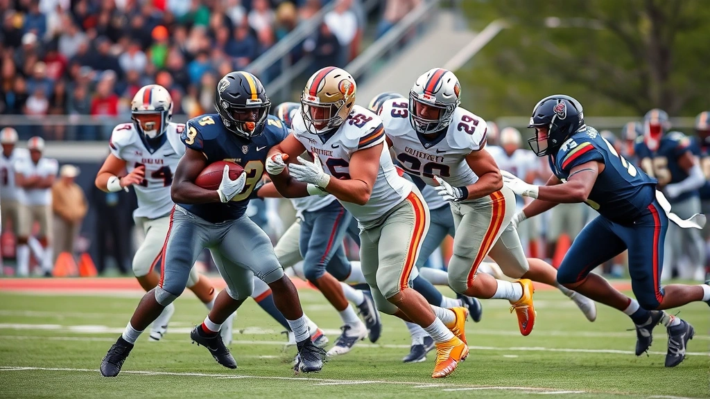 College football defensive battle showing linebacker making tackle, running back carrying football, multiple players engaged in physical contact, high intensity moment