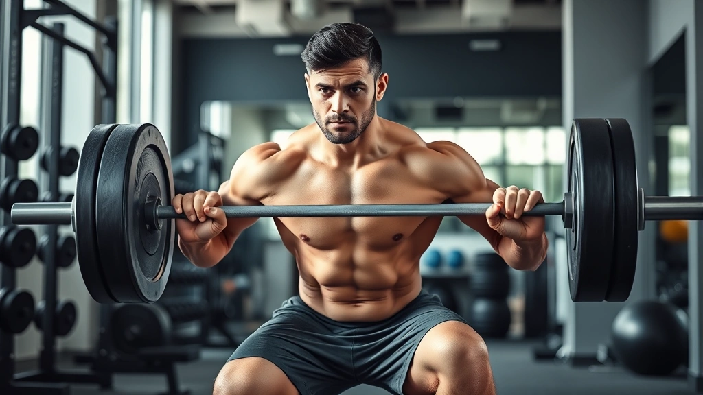 Muscular athlete performing barbell squat in modern gym with proper form, intense focus, natural lighting highlighting definition and effort