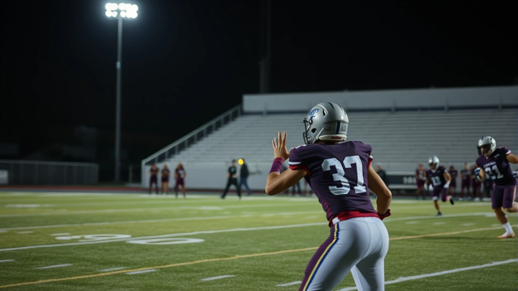 High school football quarterback throwing a pass during night game under stadium lights, action shot with defender approaching