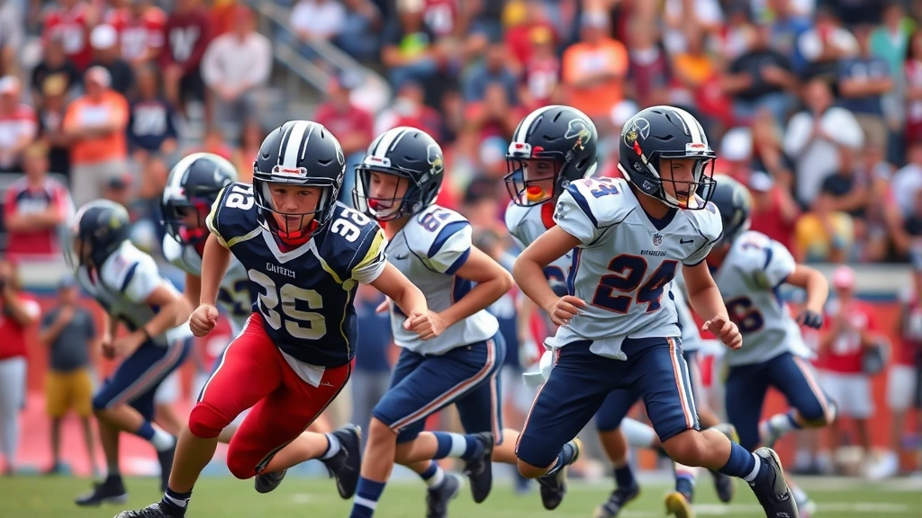 Youth athletes in football uniforms running offensive play execution during competitive game with crowd in background blurred