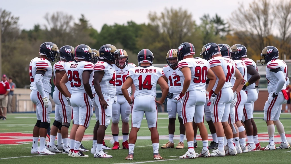 Football team huddle formation with players in Wisconsin high school uniforms discussing strategy between plays