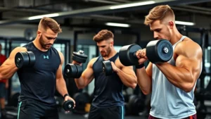 High school football players executing intense strength training exercises with dumbbells and barbells in professional gym facility, muscular athletes demonstrating proper form and explosive power development movements