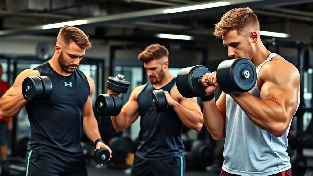 High school football players executing intense strength training exercises with dumbbells and barbells in professional gym facility, muscular athletes demonstrating proper form and explosive power development movements