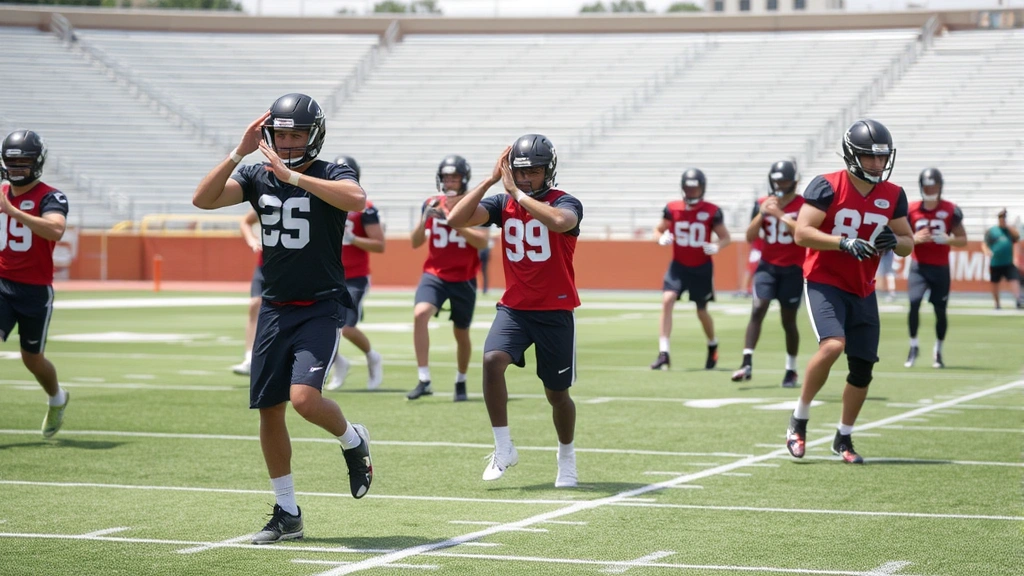 Football team performing dynamic warm-up drills on field before practice, players stretching and moving through athletic preparation exercises, stadium background, daytime outdoor setting with natural lighting