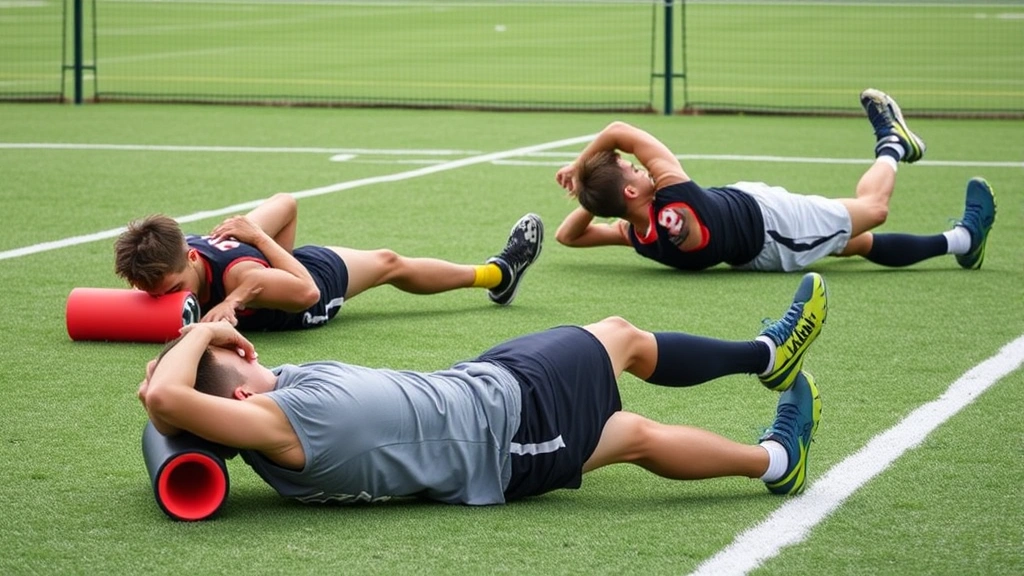 Young football athletes recovering and stretching after intense training session, using foam rollers and performing flexibility work on athletic field, focused on recovery and mobility training techniques