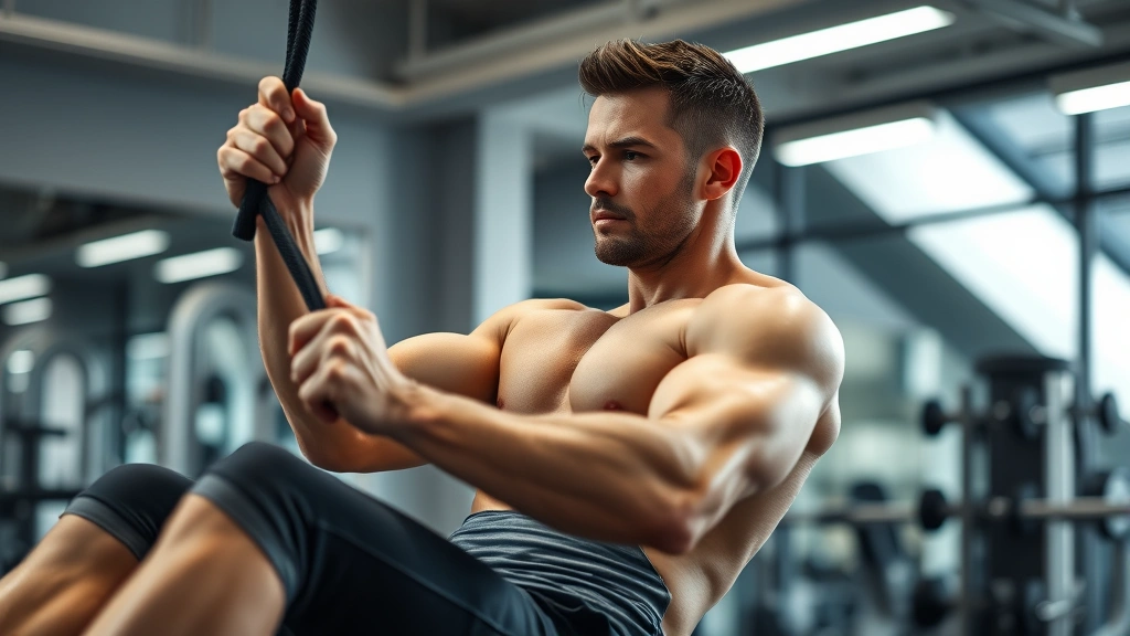 Fit male athlete performing cable crunches with controlled form in modern gym, focused expression, professional lighting