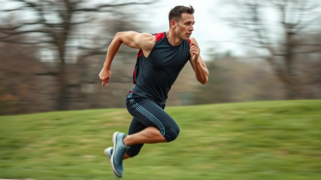 Athlete sprinting at maximum intensity during HIIT training outdoors, explosive movement, muscular definition visible, motion blur effect