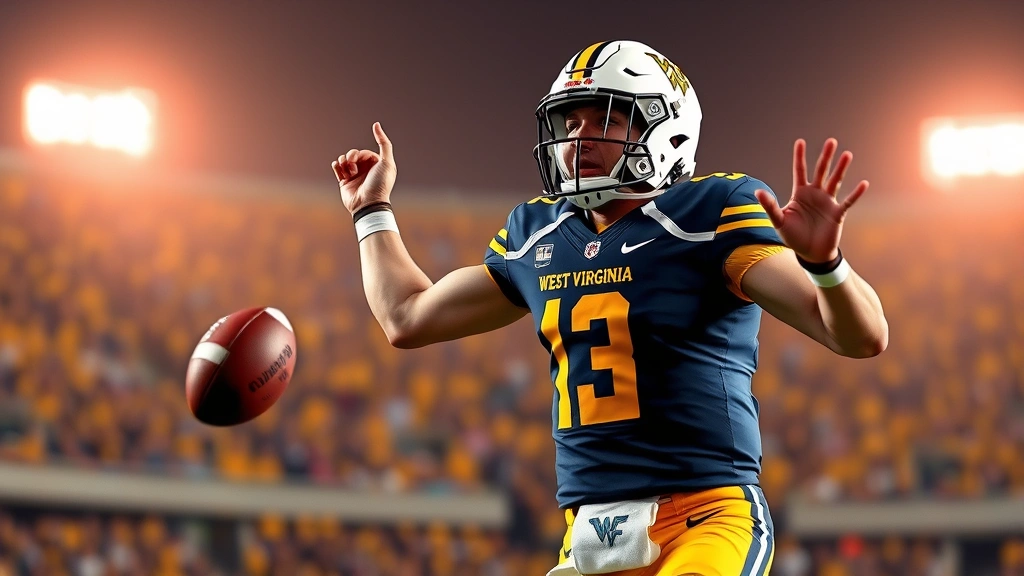 College football quarterback in West Virginia uniform throwing a football during a game, stadium lights in background, dynamic action shot, photorealistic, no text or logos visible