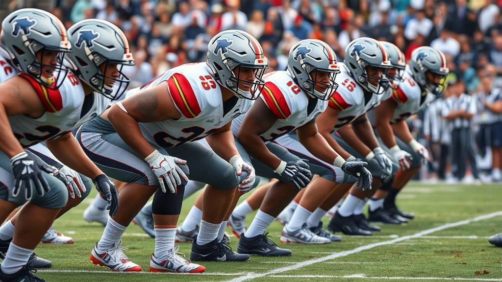 Defensive linemen in formation ready to rush during college football game, athletic stance, focused intensity, photorealistic action photography, no visible text or equipment labels