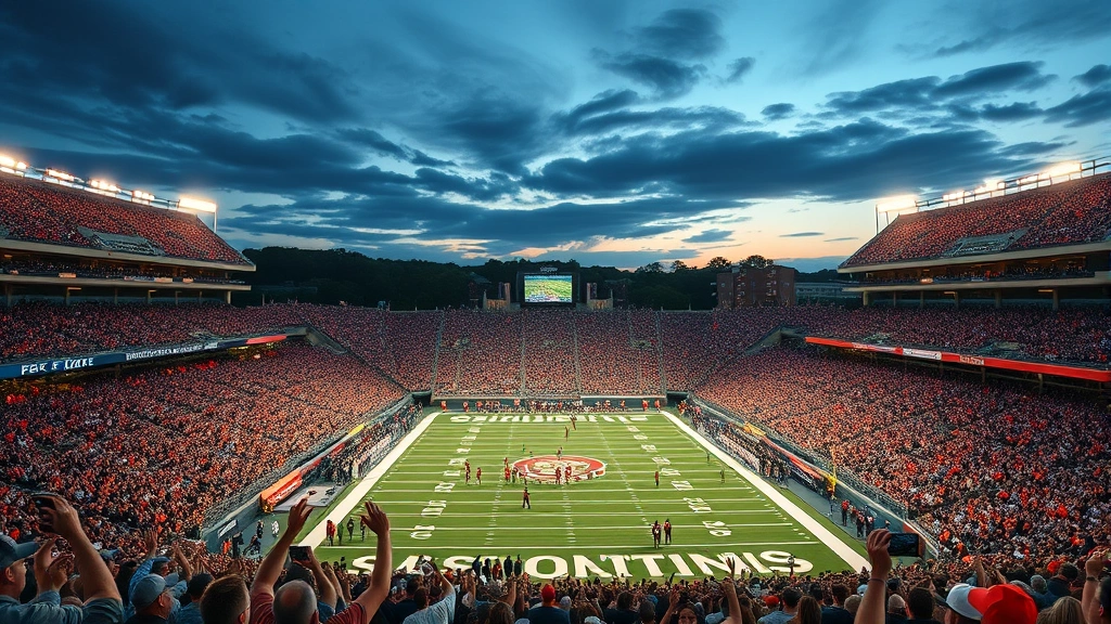 Crowded college football stadium during evening game with fans cheering, natural lighting, vibrant crowd atmosphere, photorealistic image, no scoreboard or text visible