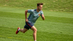 Athletic male soccer player sprinting at full speed across grass field during intense training session, sweat visible, maximum effort expression, natural daylight