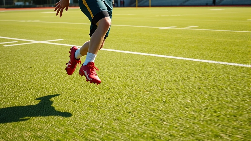Young football player sprinting wearing red cleats on grass field, explosive speed motion, professional athletic photography, natural daylight stadium setting