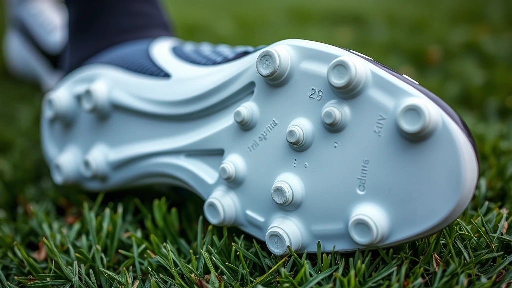 Close-up detail of football cleat sole showing stud pattern and traction design, positioned on grass surface, professional product photography with sharp focus