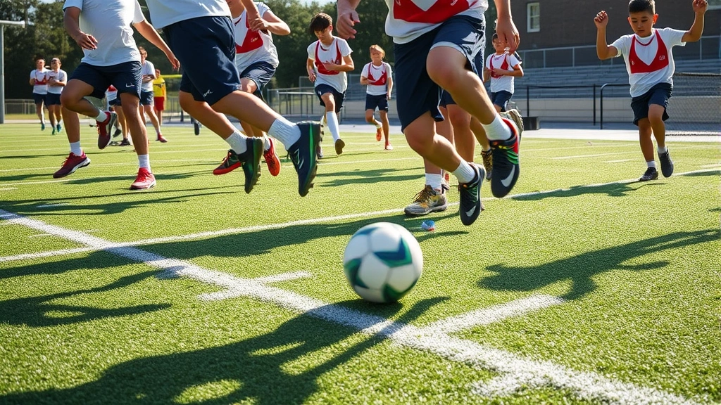 Youth football team practice on artificial turf with players in various cleats performing cutting drills, dynamic action photography, bright afternoon lighting, multiple athletes visible