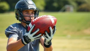 Young football receiver wearing black and white gloves catching a football during outdoor practice, focused expression, bright daylight, natural grass field