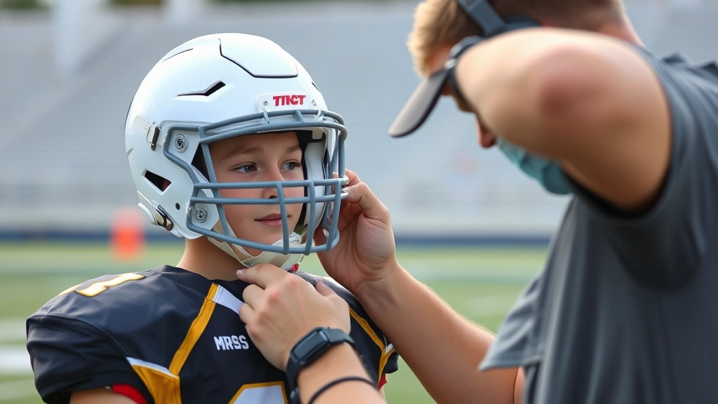 Youth athlete putting on properly fitted football helmet with coach adjusting chin strap, focused on correct positioning and comfort during equipment check