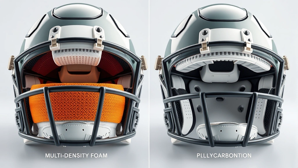 Close-up comparison of modern football helmet padding systems and shell materials, showing multi-density foam layers and polycarbonate construction details