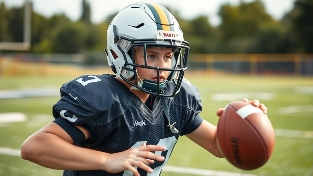 Young football player in full gear on practice field, wearing modern safety helmet with clear visibility and proper fit, executing football techniques with confidence